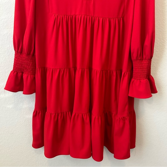 Tuckernot Pomander Place Red Crepe Kenzo Ruffle via-neck long sleeve Dress Sz L - Picture 7 of 16